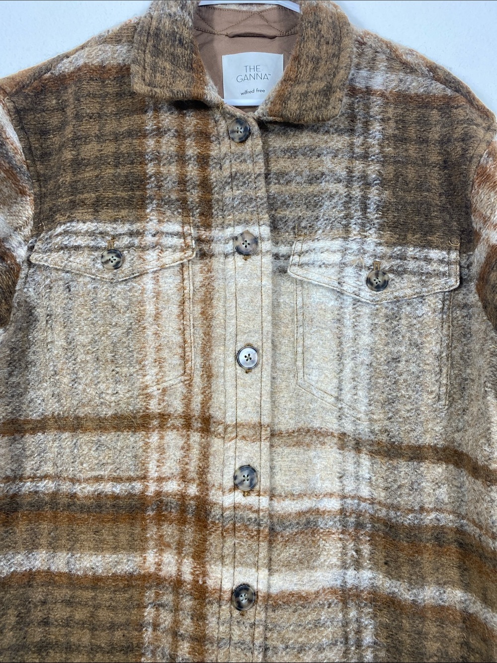 Aritzia Wilfred Ganna Brown and Cream Plaid Teddy Shacket Size M 75% Wool Laine - Picture 6 of 16